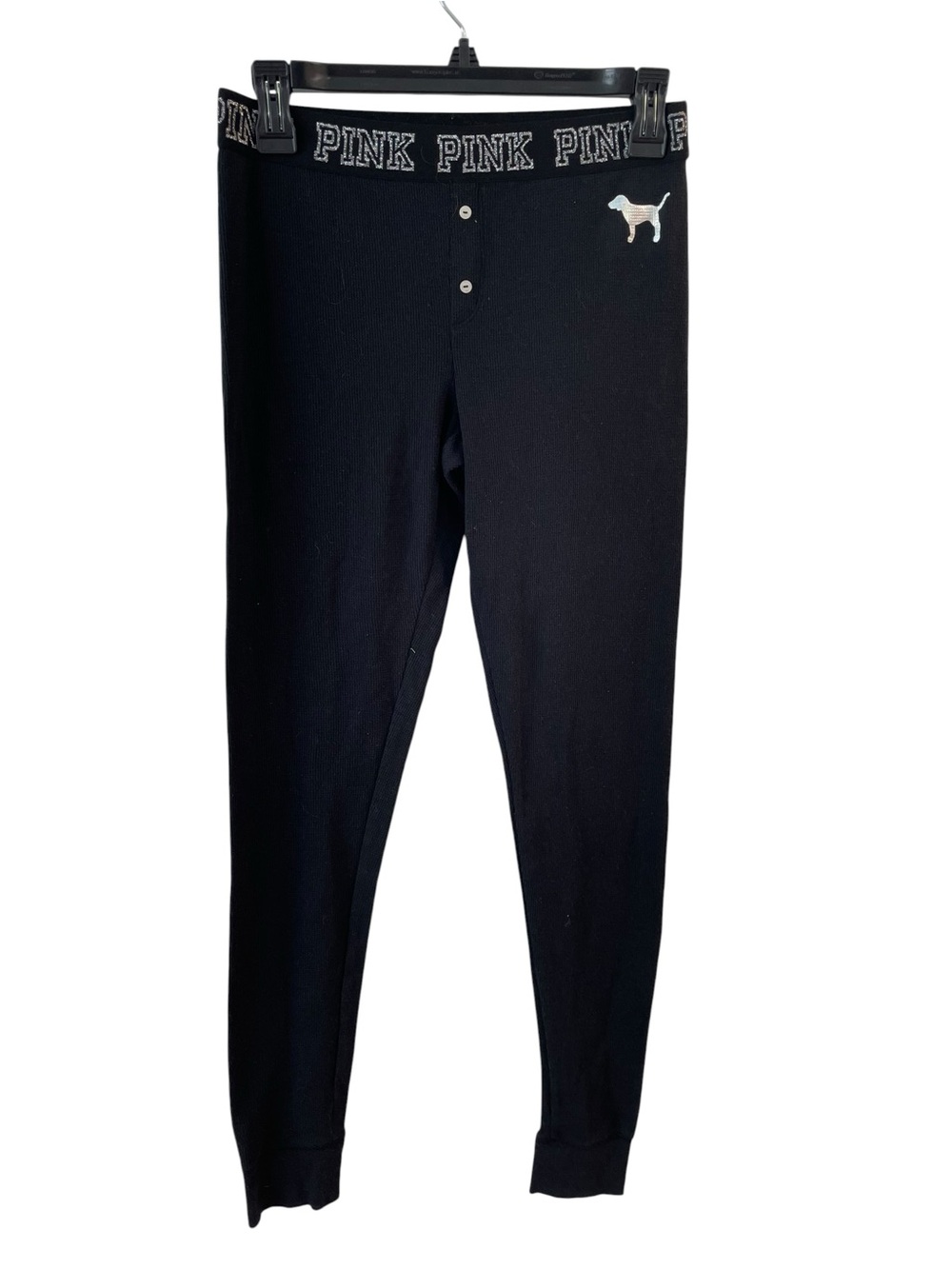 PINK Victoria’s Secret Black Thermal Sleep Pants Medium Logo Waist Lounge Pajama